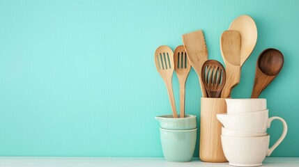 Wooden utensils and ceramic mugs on a pastel background