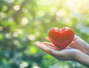 A pair of hands holds a red heart-shaped object. This may symbolize healthcare, love and care.