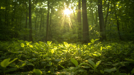 Obraz premium Sunlit forest floor, young plants, tranquil scene, nature background, ecology