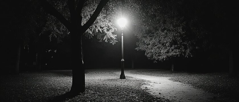 Fototapeta A single street lamp illuminates a path through a dark park.