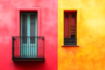 old window with shutters in pink and yellow