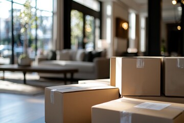 A modern living space highlighted by sunlight streaming through large windows, with neatly stacked cardboard boxes in focus, symbolizing comfort and the excitement of new beginnings.