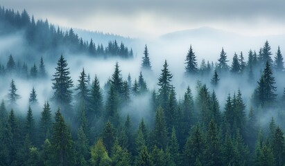 Obraz premium An atmosphere concept filled with melancholy emotions. misty solitude, silhouette Dense Forest in Morning Fog with Sunlight Filtering