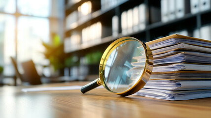 Close-up of a magnifying glass resting on a stack of neatly organized documents with blurred bookshelves in a modern office setting, illuminated by