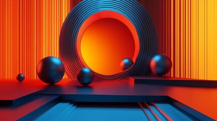 Obraz premium Abstract 3D Render: Neon Orange and Blue Geometric Shapes, Minimalist Sphere Composition, Modern Digital Art
