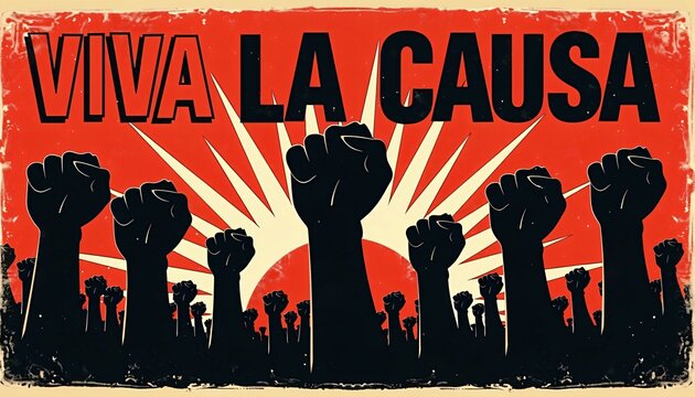 Viva La Causa protest poster with raised fists and retro design.