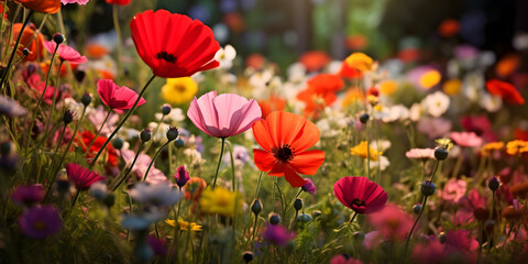 Obraz premium Colorful wild flowers field with blurred background 
