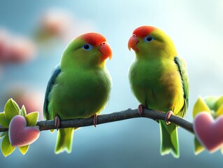 Lovebirds, perched on a branch with heartshaped leaves, 3D illustration