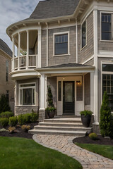 Obraz premium Elegant Gray House Exterior: Modern Architecture and Landscaping Design. Luxury Home with Stone Facade, Balcony, and Landscaped Garden. Real Estate Photography