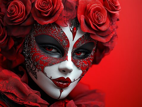 Lovethemed masquerade ball, elegant masks and red roses, 3D illustration