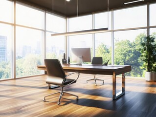 Modern executive office interior with minimal design, large windows, wooden flooring, and elegant workspace setup.