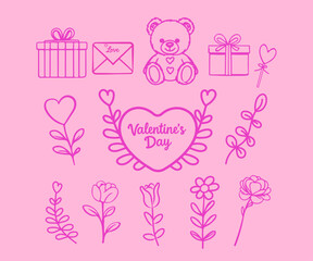 Valentine hand drawn collection, Valentine hand drawn vector illustration set element gift box, flower  botanical, teddy bear, love letter, typography.