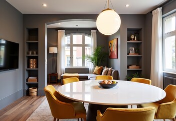 Interior design photo of living space, another angle, matte gray lacquered units, dining with white opaline glass top, ochre suede dining chairs, matte gold pendant lighting, coffee daybed, mustard st