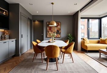 Modern interior shot, living room with matte gray lacquered furniture, white opaline glass dining, ochre suede seats, matte gold pendant, coffee-colored daybed, mustard and straw geometric patterns, 1