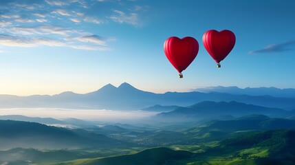 Fototapeta premium Heartshaped hot air balloons floating over a scenic valley, 3D illustration