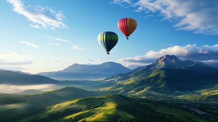 Obraz premium Heartshaped hot air balloons floating over a scenic valley, 3D illustration