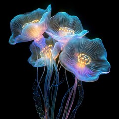 Glowing translucent blue poppies on black background.
