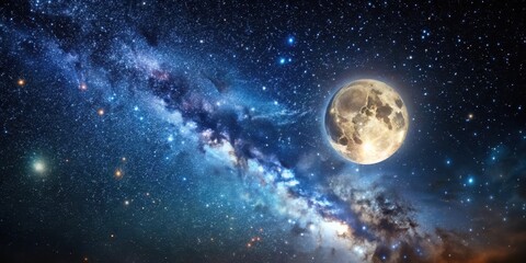 Dark starry night sky with many stars and a bright moon in the center , galaxy background
