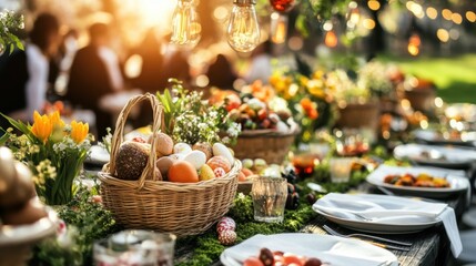 Fototapeta premium Festive Easter Table Setting Outdoors