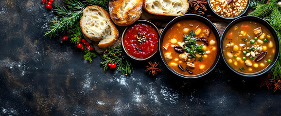 Warm Hearty Stews with Crusty Bread and Festive Garnish