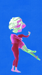 Obraz premium Modern artwork. Dance partners in dynamic movement with one having crumpled paper head symbolizing chaotic creativity and improvisation. Concept of abstract representation of teamwork. Ad