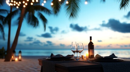 Fototapeta premium Romantic getaway, beachside dinner under fairy lights, 3D illustration