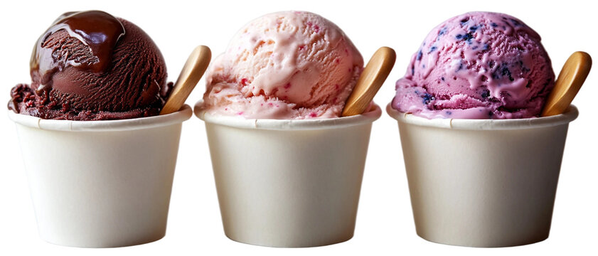 A set of three white paper cups, each holding three perfectly rounded scoops of creamy ice cream isolated on white background. Suitable for marketing or business purposes. PNG file