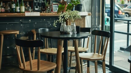 Cozy Cafe Interior: Wooden Chairs, Small Table, Flowers