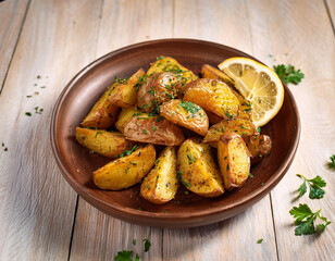 crispy golden roasted potatoes seasoned with garlic herbs and spices on a rustic plate garnished with parsley and served with lemon slices for a perfect comfort food meal