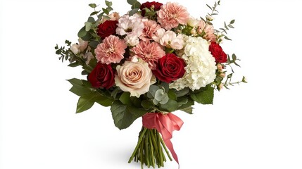 Elegant hand-tied bouquet with red roses, pink carnations, pink alstroemeria, white hydrangea, and pink daisy pom, wrapped in kraft paper with a red ribbon for a romantic floral arrangement.