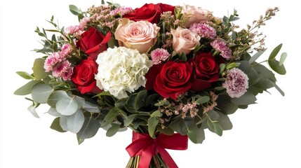 Elegant hand-tied bouquet with red roses, pink carnations, pink alstroemeria, white hydrangea, and pink daisy pom, wrapped in kraft paper with a red ribbon for a romantic floral arrangement.