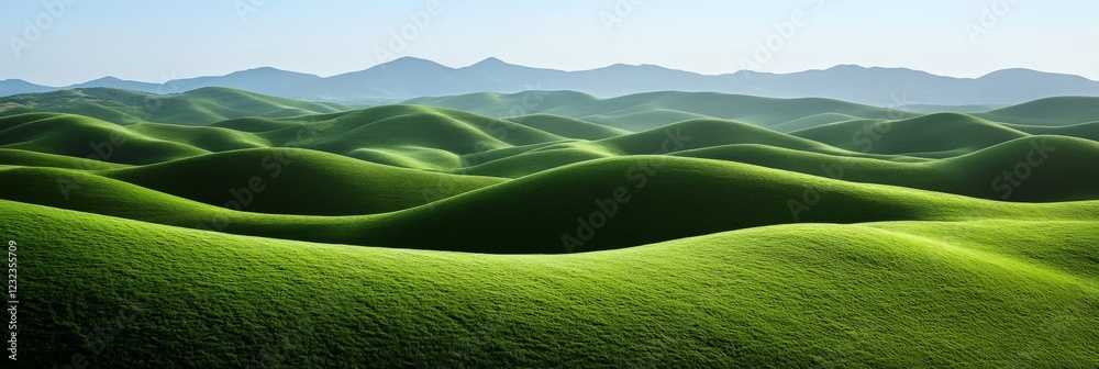 Aufkleber Lush green hills create a mesmerizing landscape, rolling towards a range of hazy mountains under a serene blue sky, evoking a sense of tranquility and natural beauty
