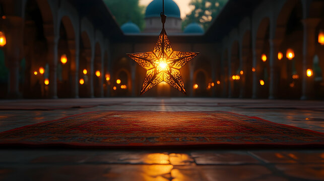 Illustration - Star Lantern, Prayer Rug, and Mosque at Dusk