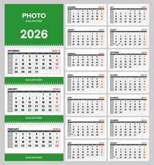 Wall quarterly calendar 2026 with week numbers starting from Monday. Vector printable illustration