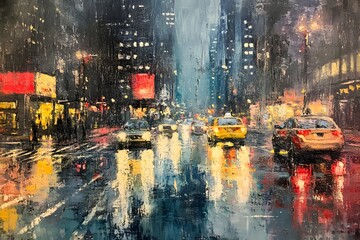 A rainy street scene showing the reflection of city lights and car headlights in the water, blurring the lines between reality and surrealism. 
