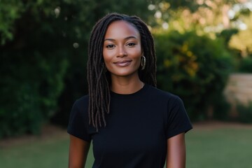 Young black woman smiling outdoors in a park
