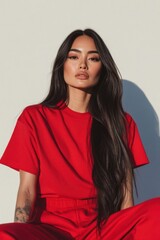 Fototapeta premium Fashion model posing in red outfit with long black hair