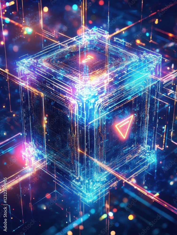Poster digital blockchain interface with cyber protection button and circuits concept at abstract technolog
