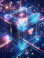 digital blockchain interface with cyber protection button and circuits concept at abstract technology background. 3D render