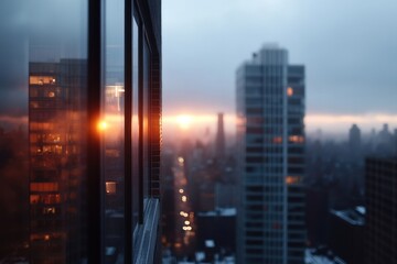 Warm sunlight reflecting on skyscraper window at sunset in new york city