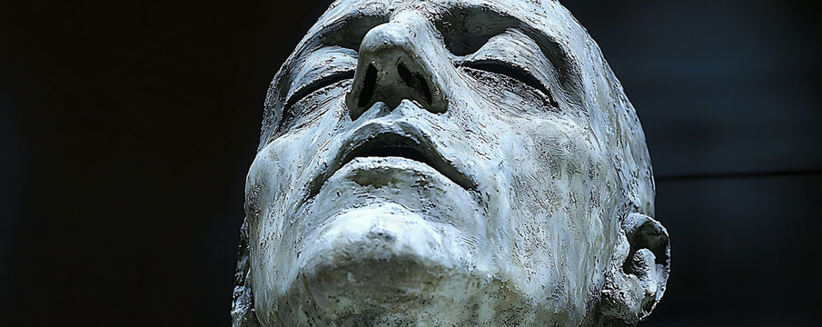 Closeup of a textured, expressive sculpted head, tilted back, conveying a sense of contemplation or suffering.  Ideal for concepts of art, emotion, mortality, or human condition.
