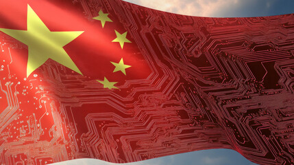 Chinese flag with a circuit board pattern, symbolizing the integration of technology and Chinese culture. 