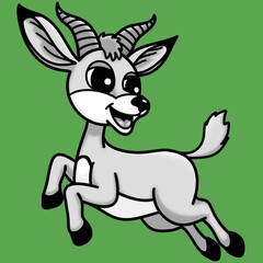Antelope black and white image isolated on green, cartoon character.
