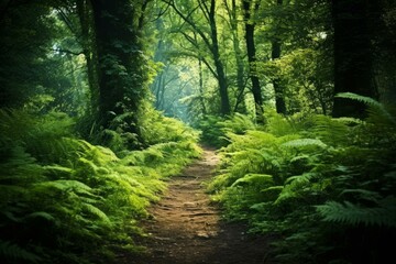 Obraz premium Sunlight filters through trees, illuminating a path winding through vibrant green ferns in a tranquil forest setting