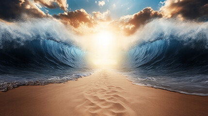 The Red Sea parting, the two massive waves on each side of it coming together to form an opening in between them with sand and sky visible on one side, a bright light shining down from above