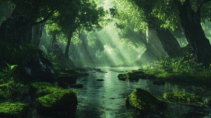 Sunbeams in lush forest, stream flows, tranquil scene, nature backdrop
