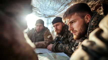 Fototapeta premium A group of focused military personnel huddles around a detailed map, strategizing their next move under a camouflaged cover, showcasing teamwork and determination.