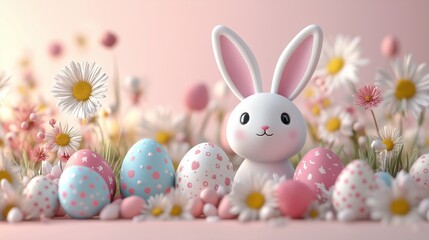 Obraz premium Cheerful Easter Bunny Among Colorful Eggs and Spring Flowers