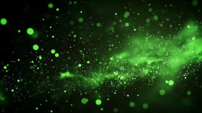  St. Patrick's Day background with glowing green particles flying around on a black background, a green color palette, emerald and lime colors