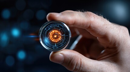 Close up of a hand holding a magnifying glass with the focused on the futuristic year 2025  This image represents the concept of business innovation technological advancement
